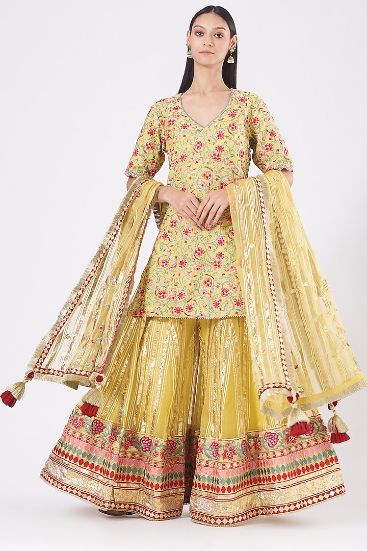 Yellow Embroidered Paneled Sharara Set by Simar Dugal