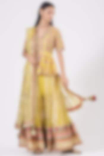 Yellow Thread Embroidered Paneled Sharara Set by Simar Dugal at Pernia's Pop Up Shop