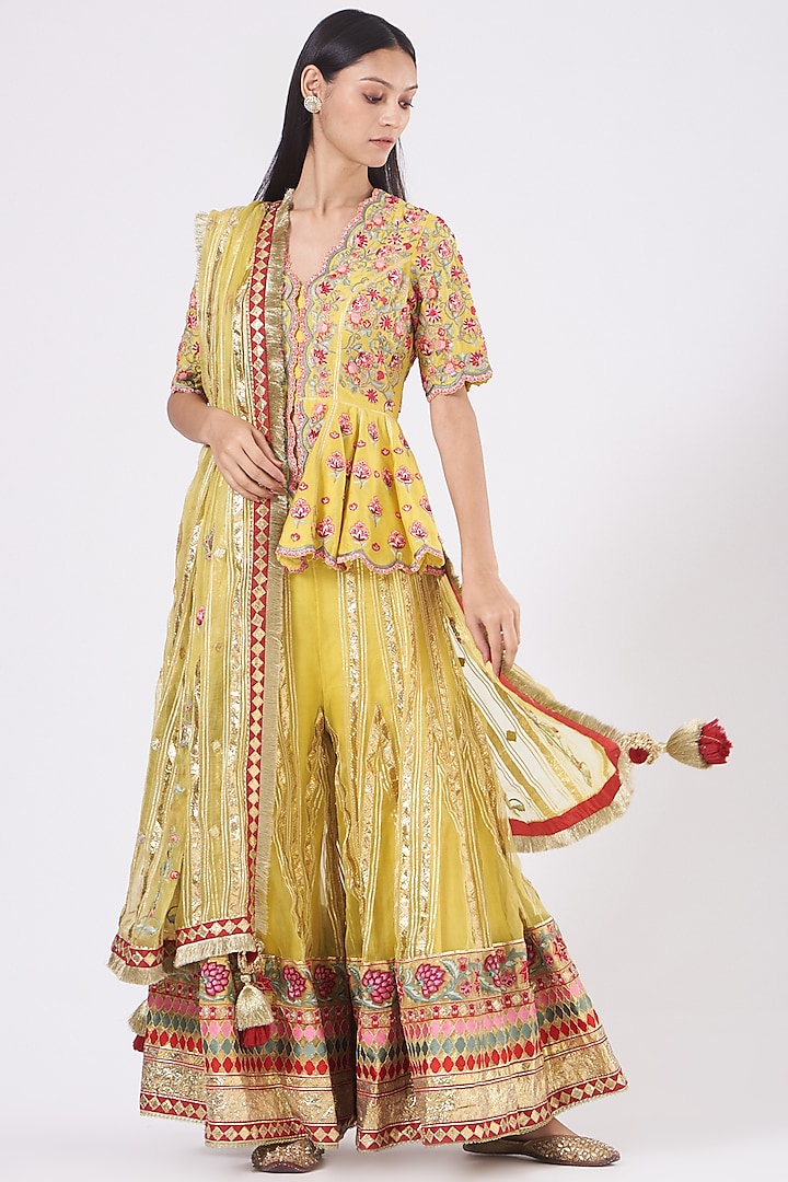 Yellow Thread Embroidered Paneled Sharara Set by Simar Dugal at Pernia's Pop Up Shop