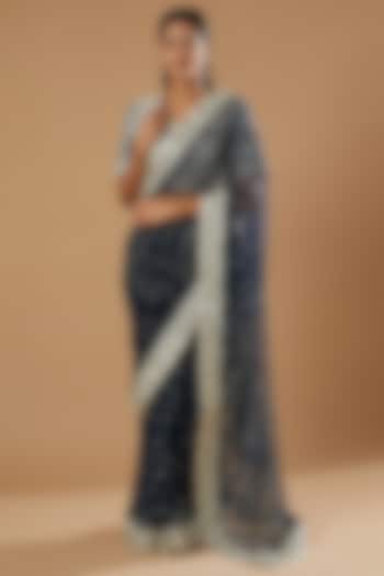 Navy Blue Embroidered Reception Saree Set by Simar Dugal at Pernia's Pop Up Shop