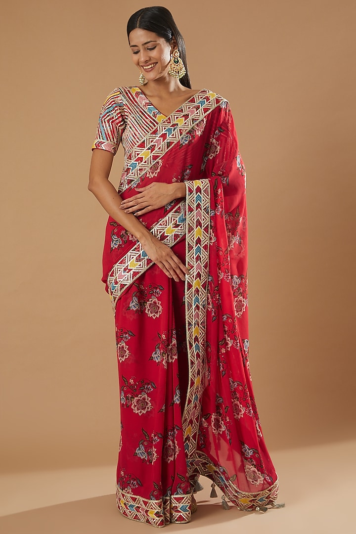 Red Embroidered Saree Set by Simar Dugal