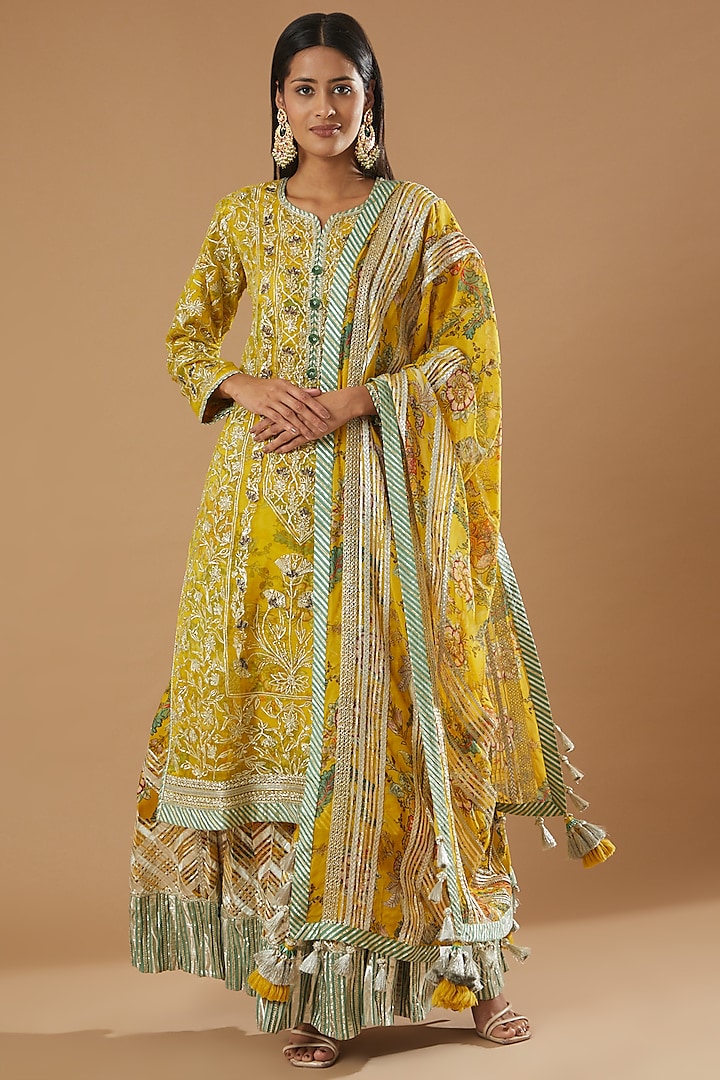 Yellow Silk Printed Sharara Set by Simar Dugal at Pernia's Pop Up Shop