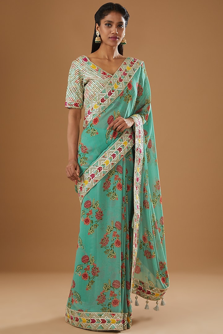 Blue Embroidered Saree Set by Simar Dugal at Pernia's Pop Up Shop