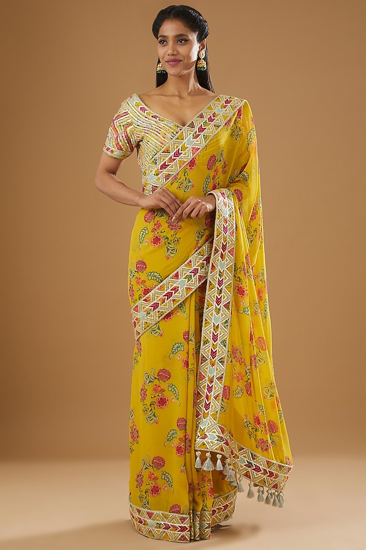Mustard Yellow Embroidered Saree Set by Simar Dugal