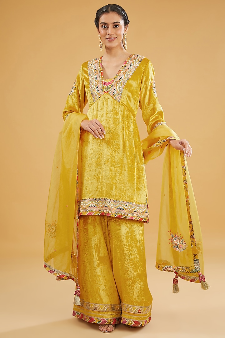 Yellow Velvet Hand Embroidered Palazzo Pant Set by Simar Dugal