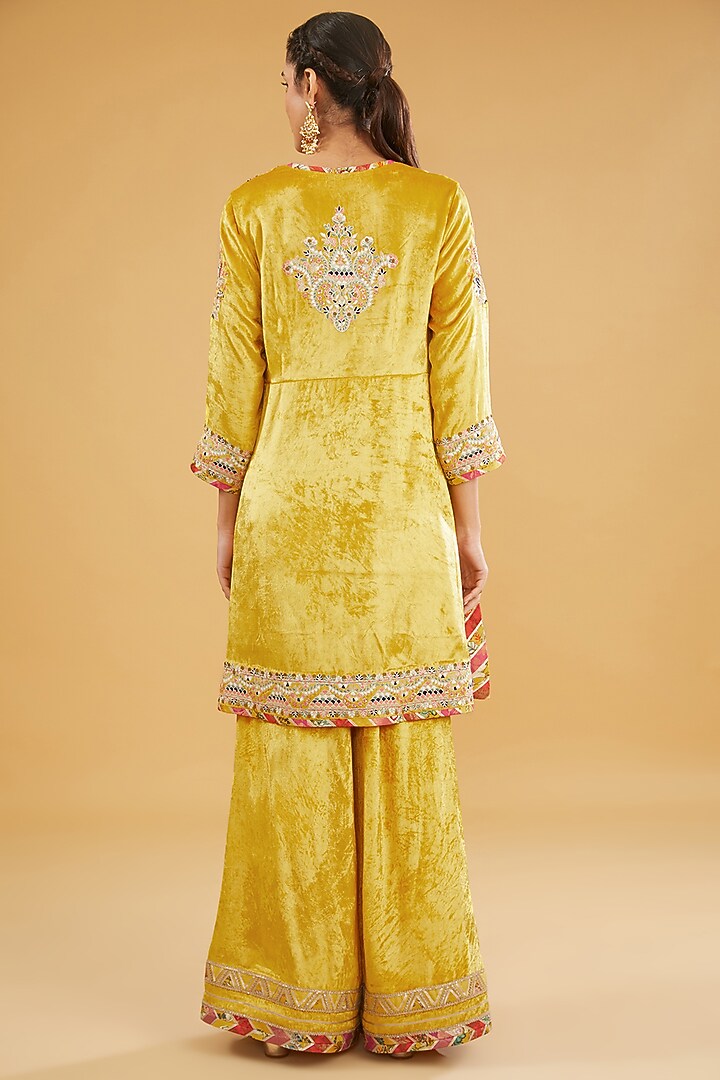 Yellow Velvet Hand Embroidered Palazzo Pant Set by Simar Dugal at Pernia's Pop Up Shop