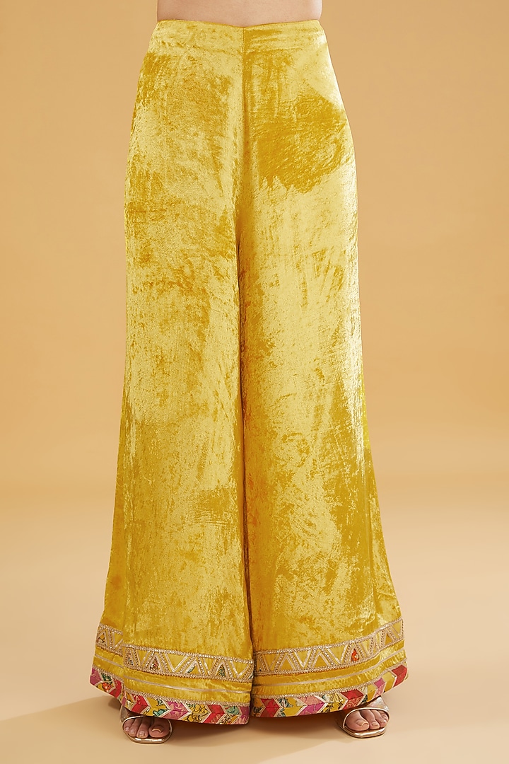Yellow Velvet Hand Embroidered Palazzo Pant Set by Simar Dugal at Pernia's Pop Up Shop