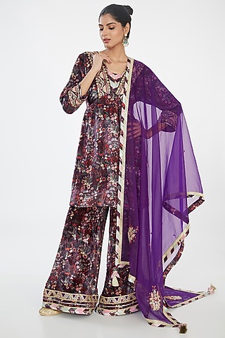 Purple Velvet Hand Embroidered & Printed Kurta Set by Simar Dugal