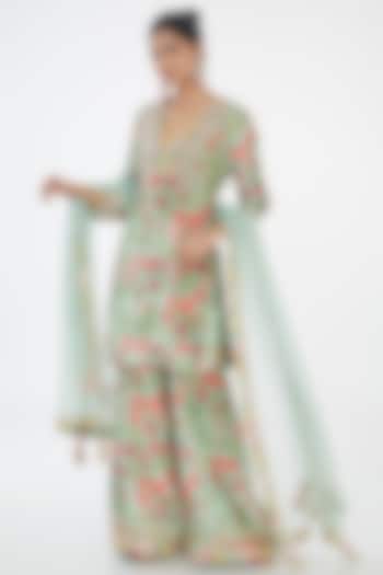 Mint Green Velvet Floral Printed & Hand Embroidered Kurta Set by Simar Dugal at Pernia's Pop Up Shop