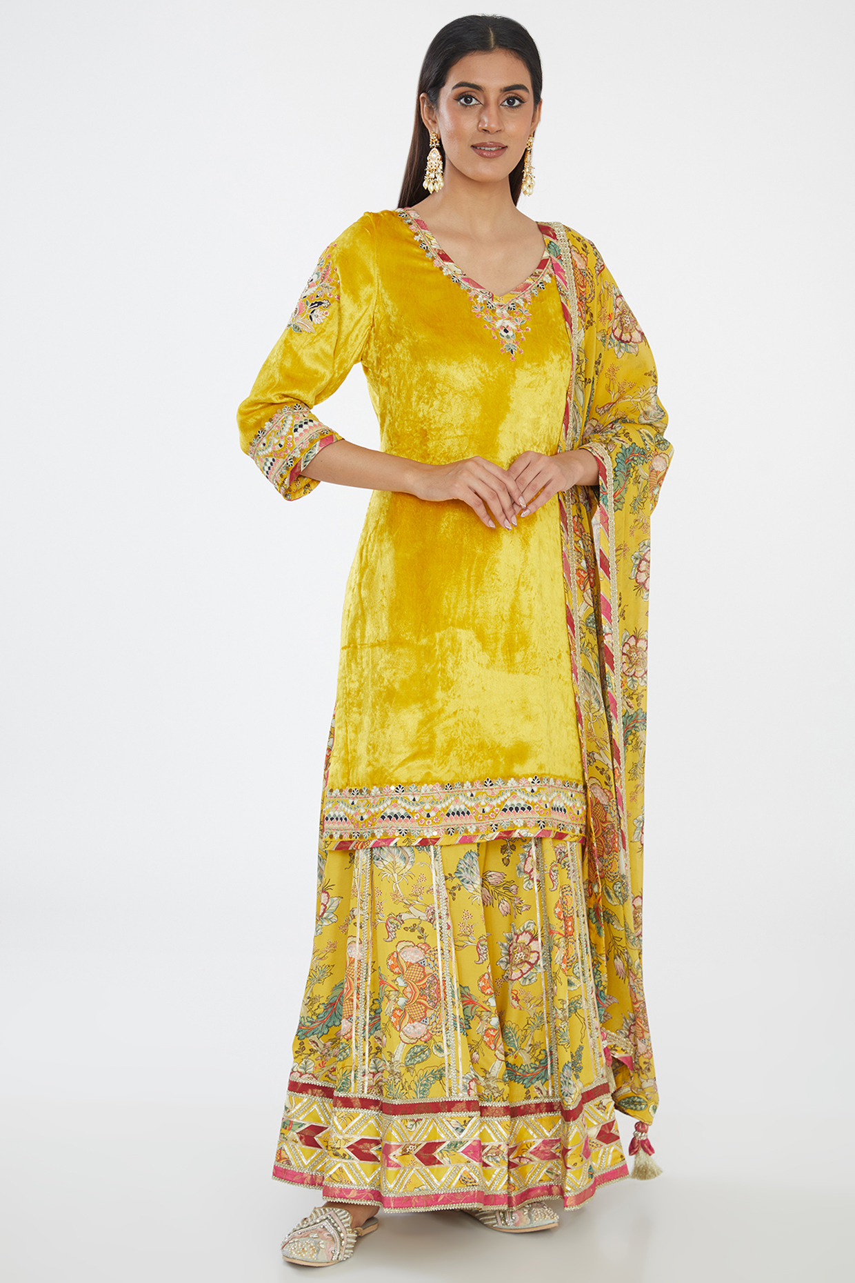 Yellow Modal Silk Printed & Gota Work Wedding Sharara Set by Simar Dugal at Pernia's Pop Up Shop