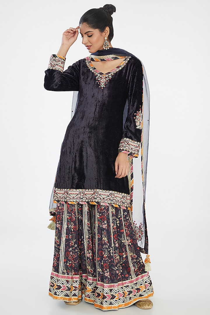 Black Modal Silk Printed Sharara Set by Simar Dugal at Pernia's Pop Up Shop