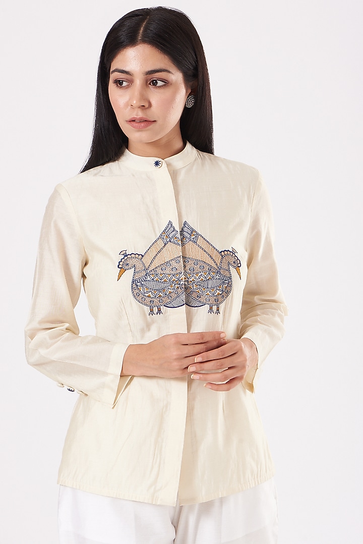 Off-White Embroidered Shirt by Sini Madhubani at Pernia's Pop Up Shop