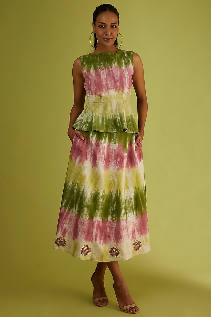 Clove Brown & Henna Green Printed Skirt Set by Sini Madhubani