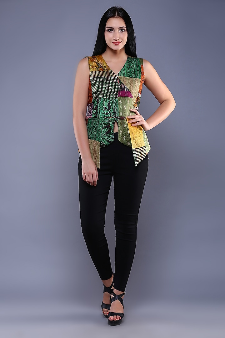 Multi-Colored Silk Kantha Printed Peplum Top by Simply Kitsch at Pernia's Pop Up Shop