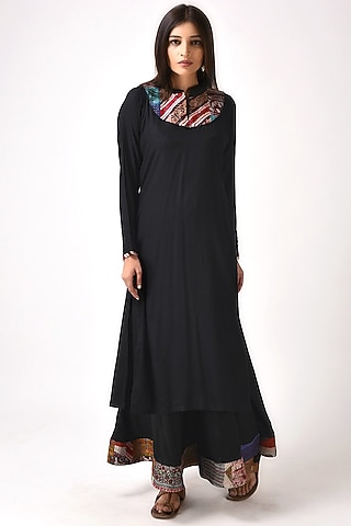 Black Kantha Embroidered Kurta Set by Simply Kitsch