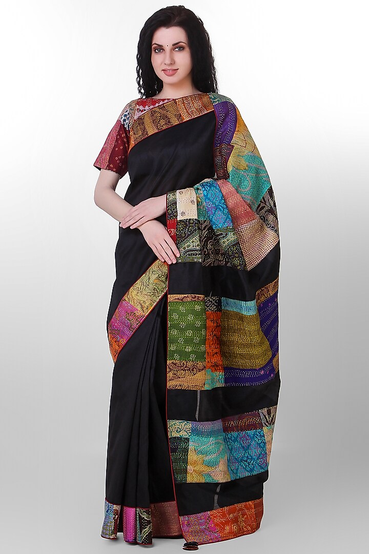 Black Kantha Embroidered Saree by Simply Kitsch