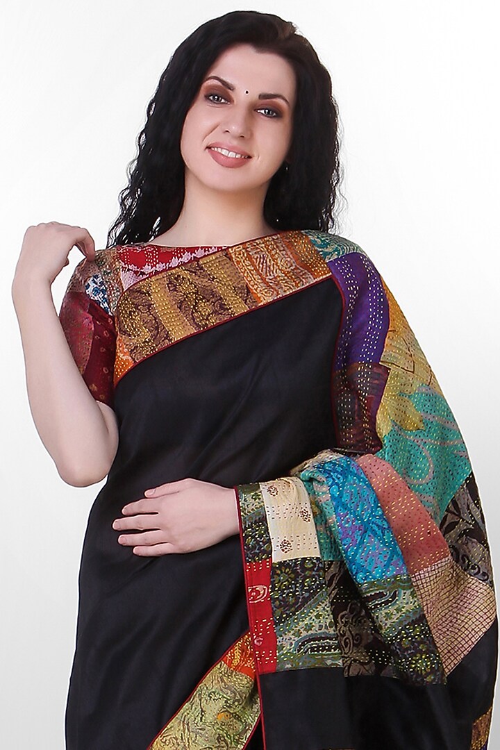 Black Kantha Embroidered Festive Saree by Simply Kitsch at Pernia's Pop Up Shop