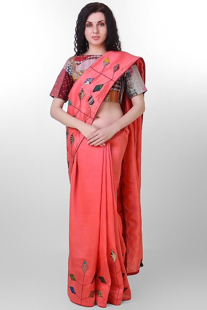 Peach Kantha Embroidered Saree by Simply Kitsch