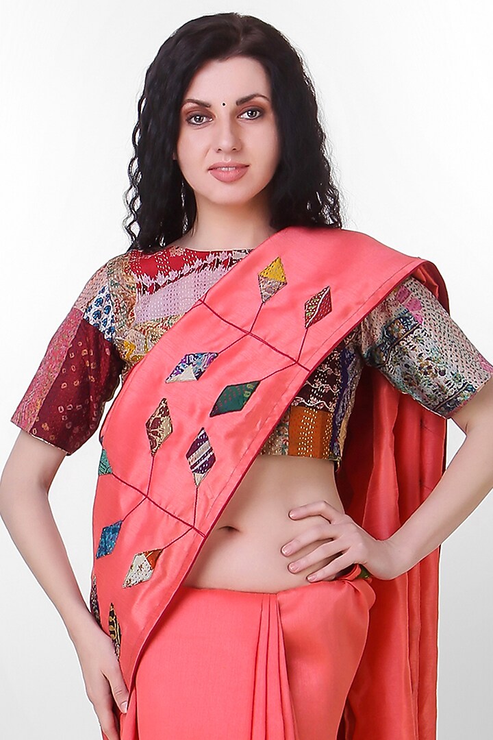 Peach Kantha Embroidered Festive Saree by Simply Kitsch at Pernia's Pop Up Shop