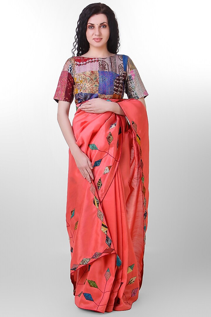 Peach Kantha Embroidered Festive Saree by Simply Kitsch at Pernia's Pop Up Shop