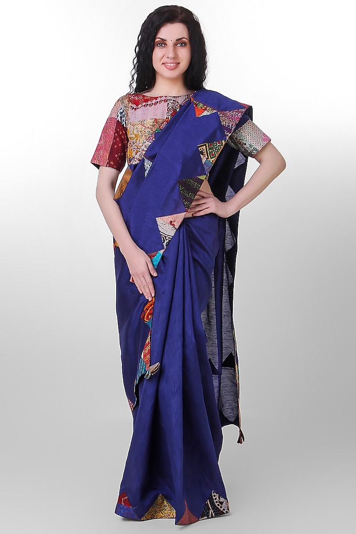 Navy Blue Kantha Embroidered Saree by Simply Kitsch