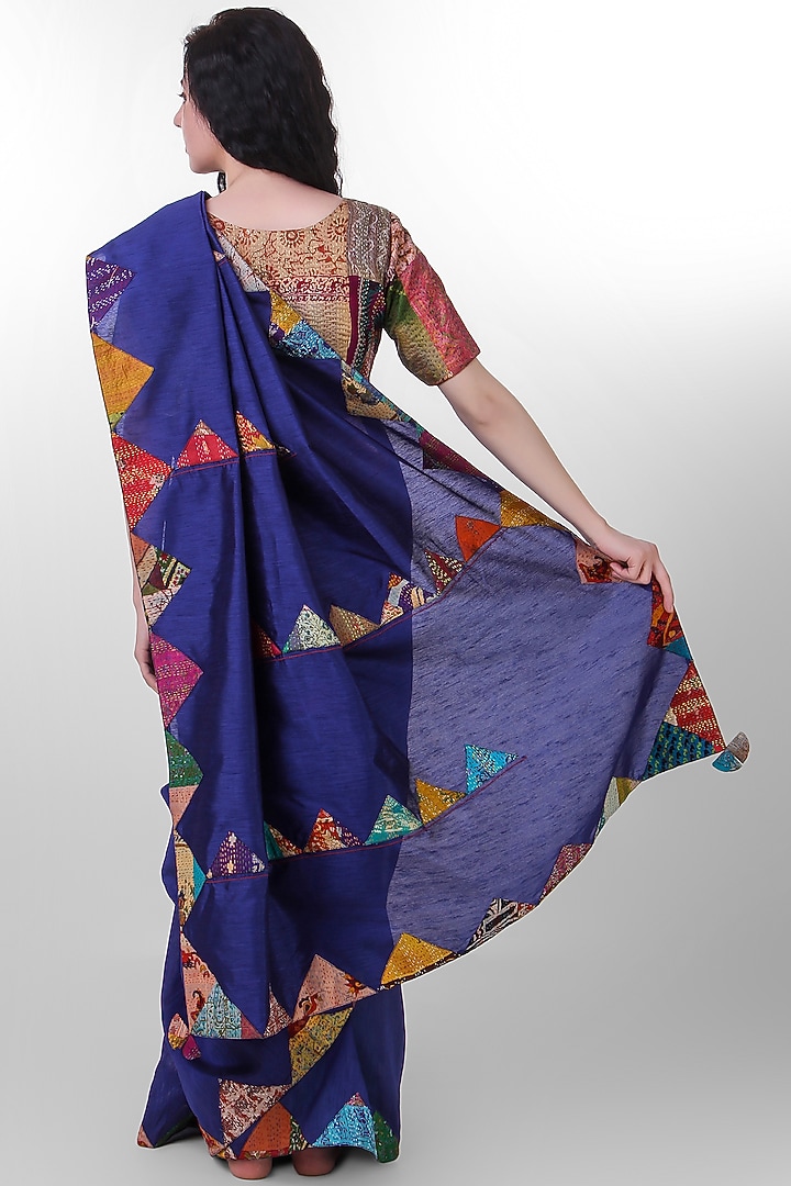 Navy Blue Kantha Embroidered Festive Saree by Simply Kitsch at Pernia's Pop Up Shop