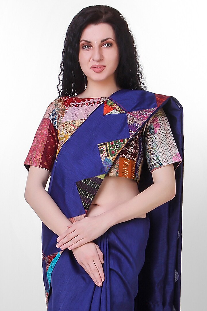Navy Blue Kantha Embroidered Festive Saree by Simply Kitsch at Pernia's Pop Up Shop