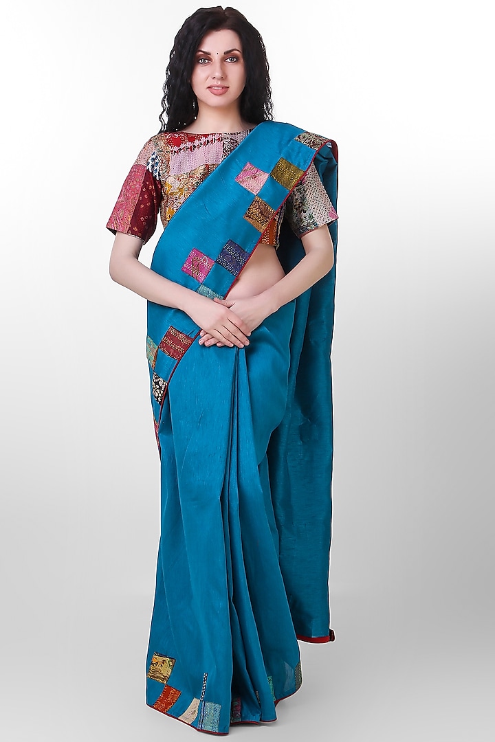 Blue Kantha Embroidered Saree by Simply Kitsch