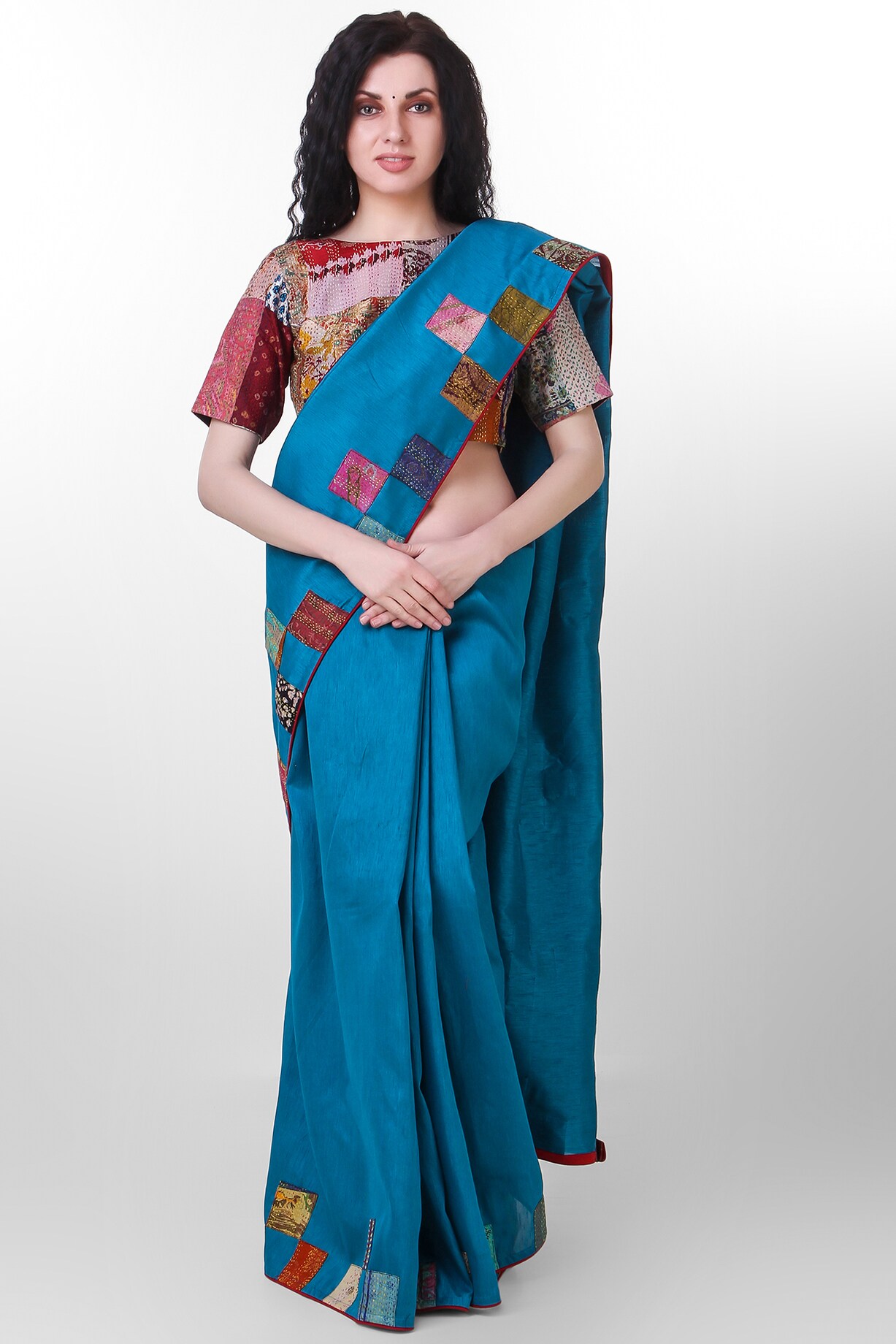 Midnight Blue Kantha Embroidered Cotton Saree