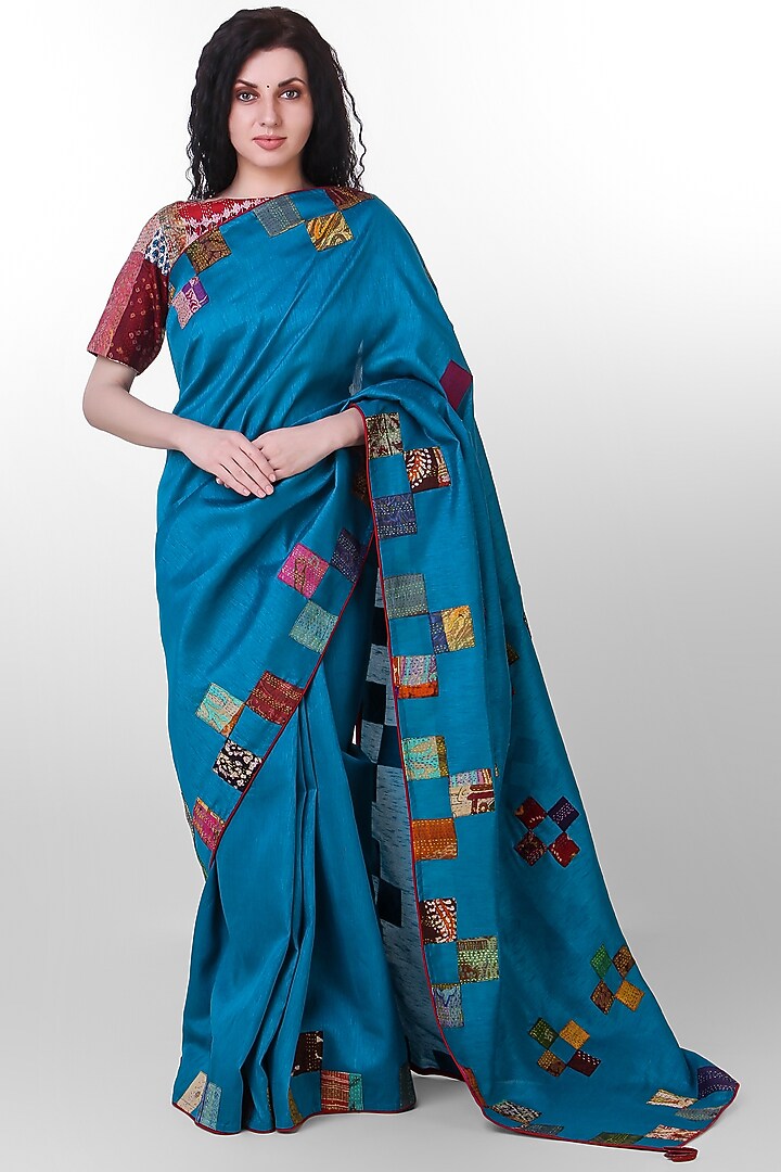 Blue Kantha Embroidered Festive Saree by Simply Kitsch at Pernia's Pop Up Shop