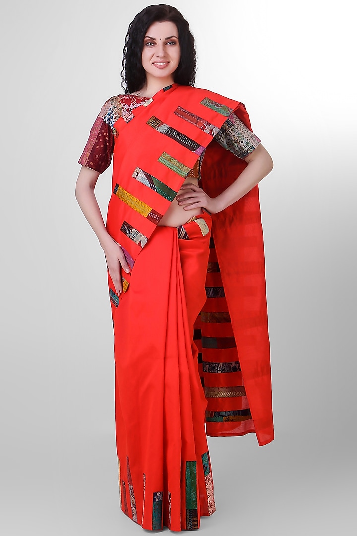 Red Kantha Embroidered Saree by Simply Kitsch
