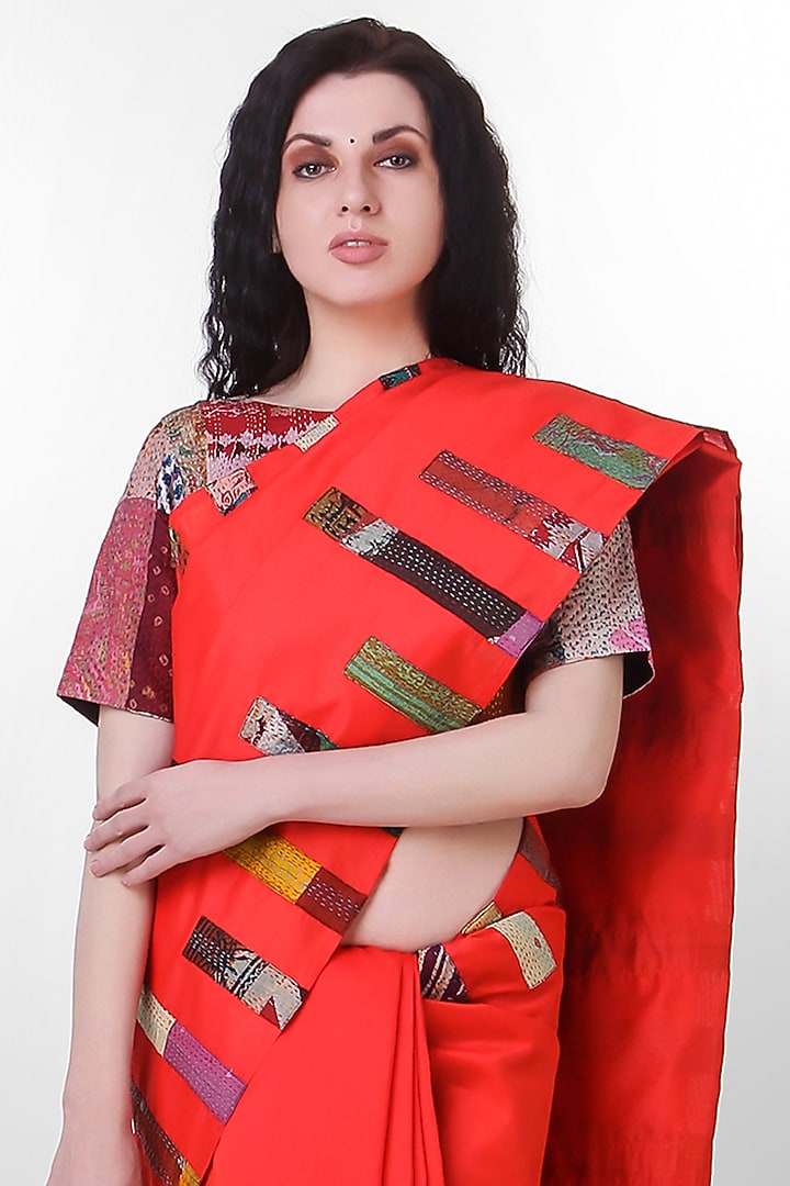 Red Kantha Embroidered Festive Saree by Simply Kitsch at Pernia's Pop Up Shop