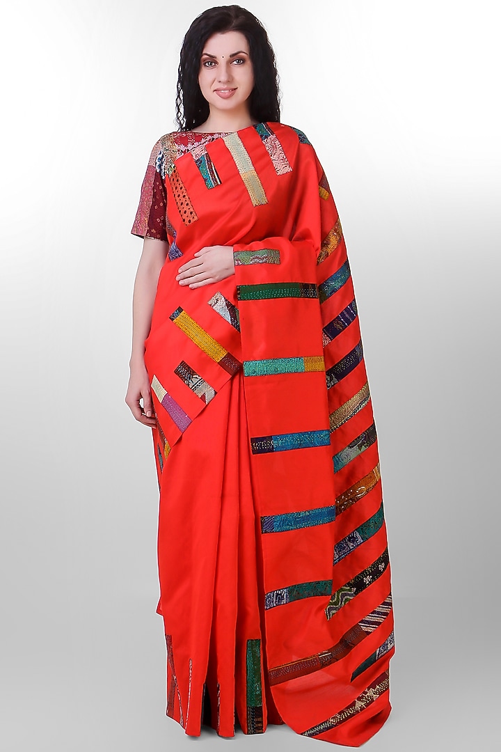 Red Kantha Embroidered Festive Saree by Simply Kitsch at Pernia's Pop Up Shop