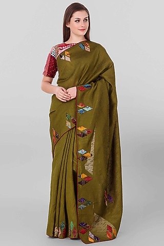 Olive Green Kantha Embroidered Saree by Simply Kitsch