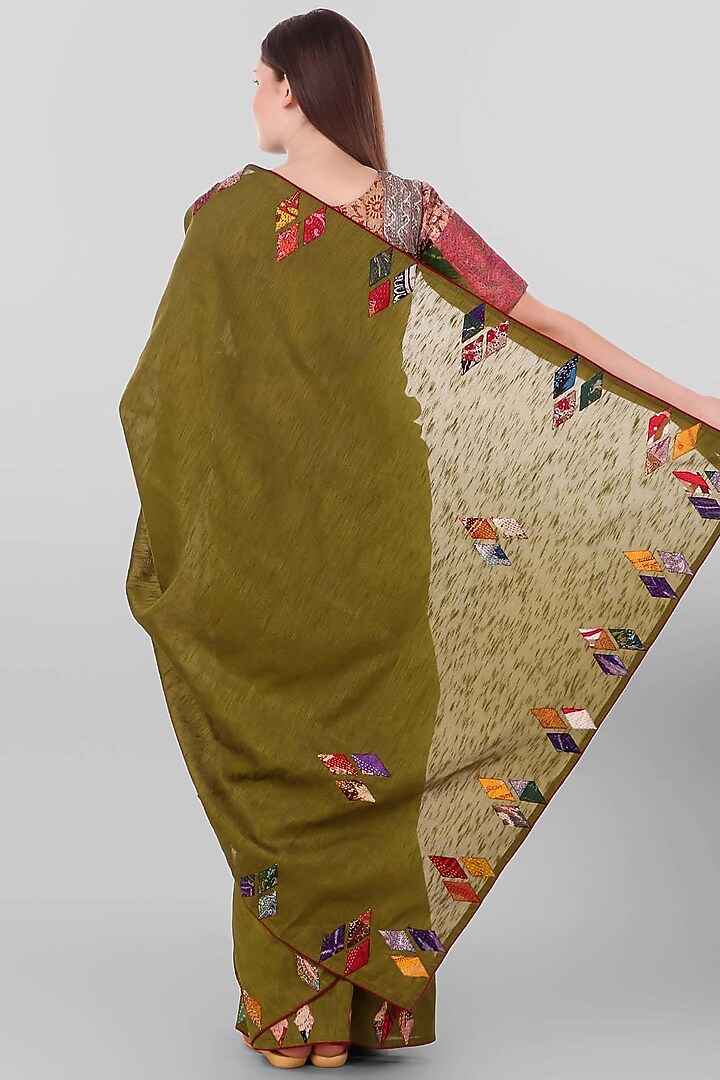 Olive Green Kantha Embroidered Festive Saree by Simply Kitsch at Pernia's Pop Up Shop