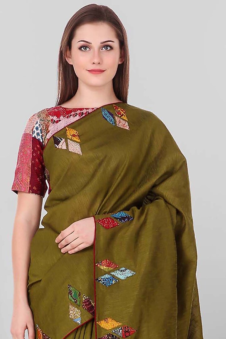 Olive Green Kantha Embroidered Festive Saree by Simply Kitsch at Pernia's Pop Up Shop