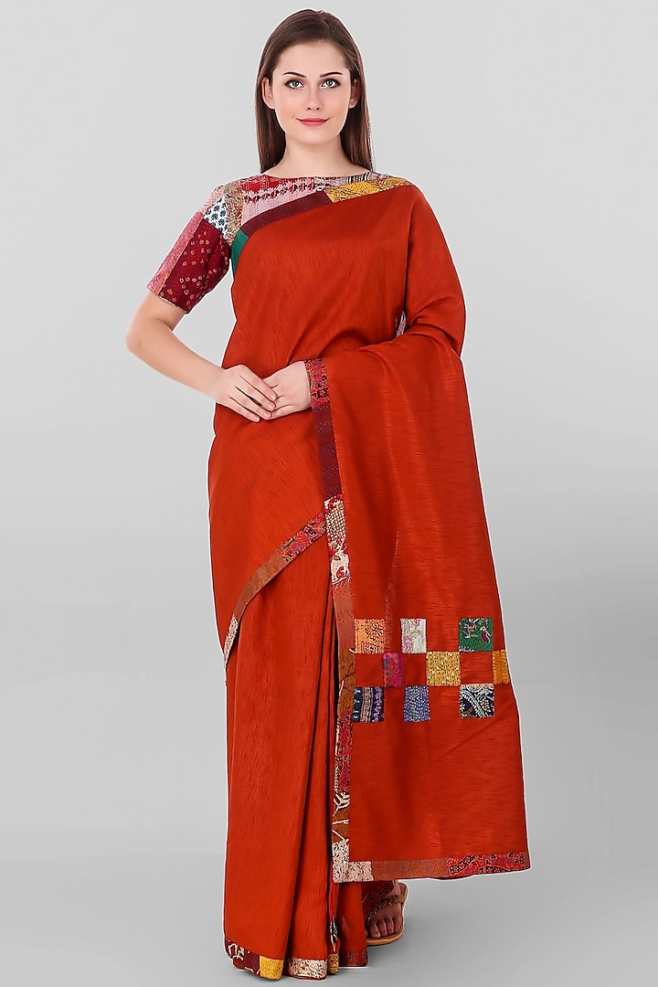 Rust Kantha Embroidered Saree by Simply Kitsch