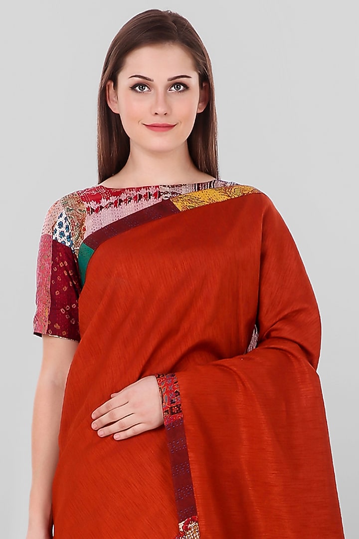 Rust Kantha Embroidered Festive Saree by Simply Kitsch at Pernia's Pop Up Shop