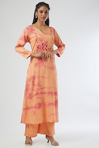 Peach Tie-Dyed Kurta Set by Simply Kitsch