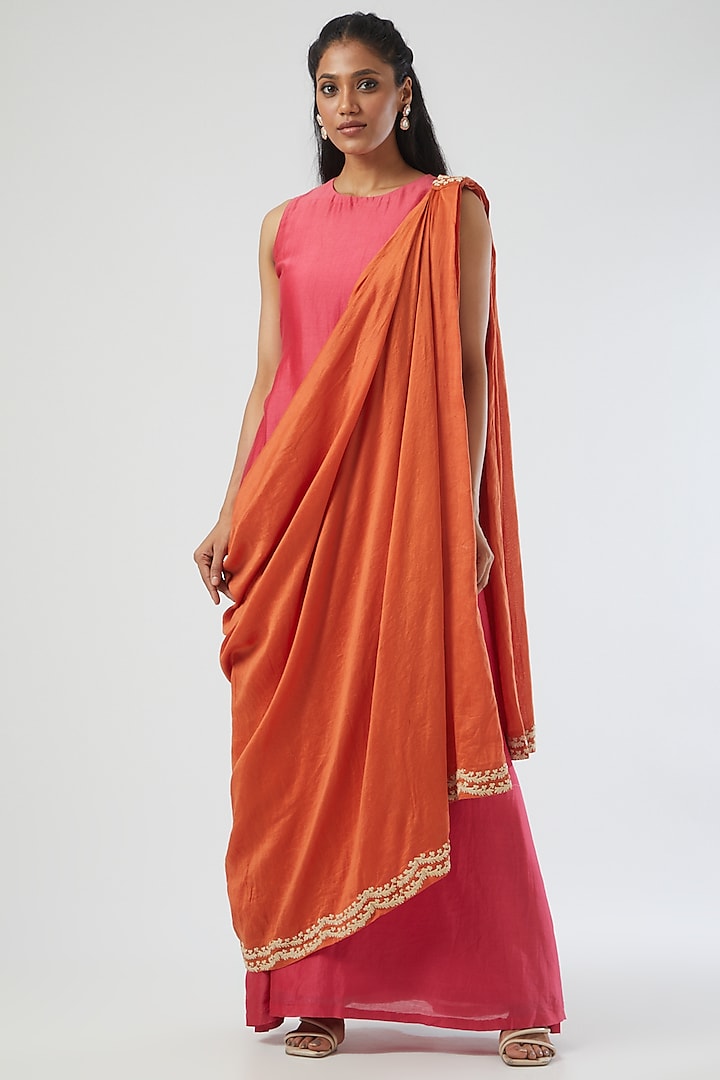 Fuchsia Silk Chanderi Dress With Dupatta by Simply Kitsch