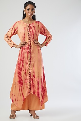 Orange Cotton Silk Tie-Dyed Kurta Set by Simply Kitsch