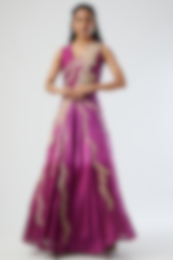 Fuchsia Silk Chanderi Embroidered Gown by Simply Kitsch