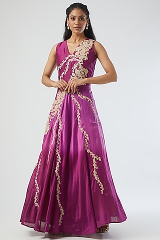 Fuchsia Silk Chanderi Embroidered Gown by Simply Kitsch