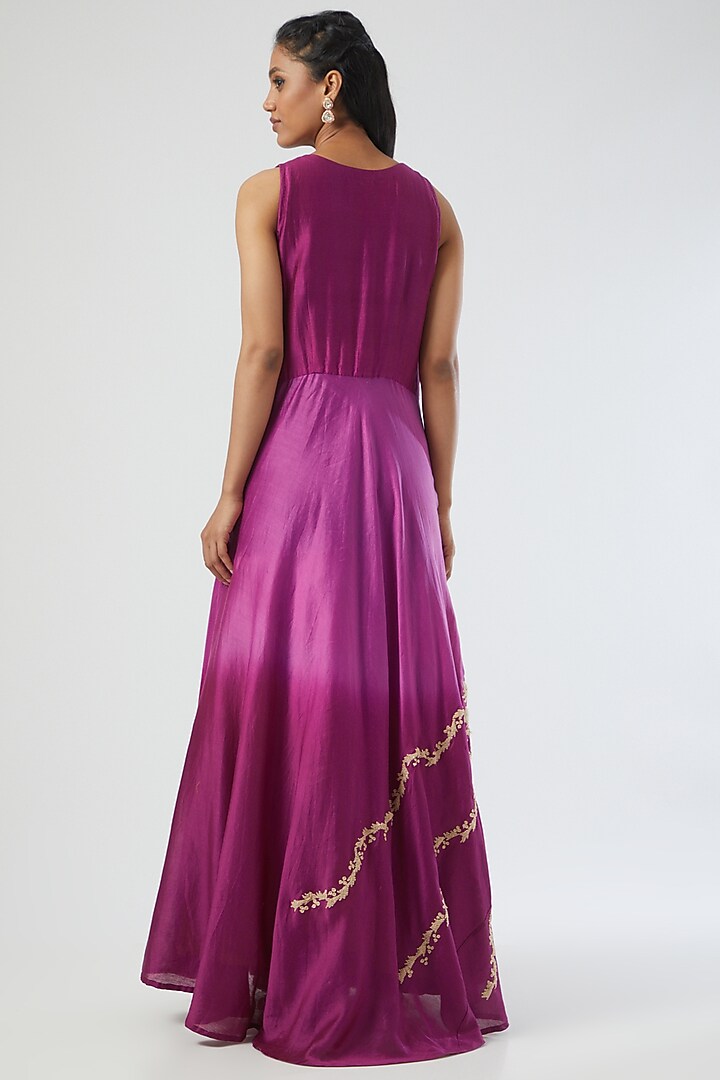 Fuchsia Silk Chanderi Embroidered Party Wear Gown by Simply Kitsch at Pernia's Pop Up Shop