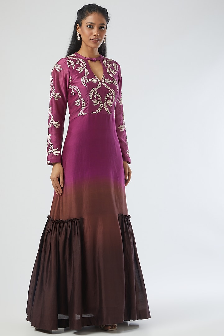 Brown Chanderi Silk Dress by Simply Kitsch