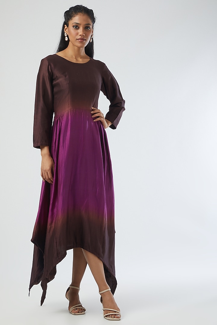Brown Chanderi Silk Shaded Dress by Simply Kitsch