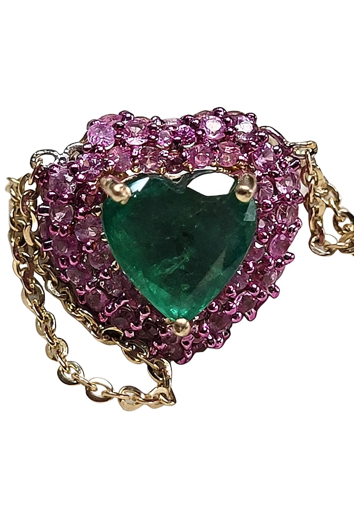 14kt Yellow Gold Emerald & Pink Sapphire Heart Necklace by SIMSUM FINE JEWELRY