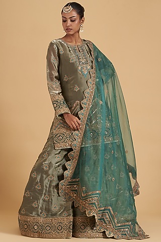 Army Green Tissue Satin Embroidered Sharara Set by Sidhaarth and Disha