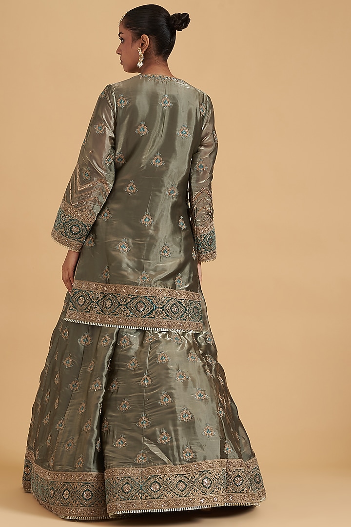 Army Green Tissue Satin Embroidered Wedding Sharara Set by Sidhaarth and Disha at Pernia's Pop Up Shop