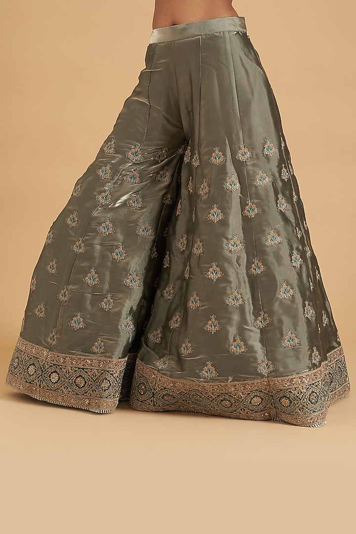 Army Green Tissue Satin Embroidered Wedding Sharara Set by Sidhaarth and Disha at Pernia's Pop Up Shop